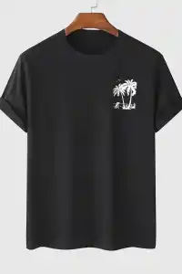 Erkek Kısa Kol Yazlık Tişört Bisiklet Yaka Palmiye Baskılı T-Shirt - Siyah