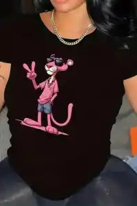 Kadın Tişört Pembe Panter Baskılı Bisiklet Yaka Kısa Kol T-shirt - Beyaz