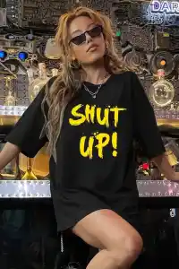 Kadın Tişört Shut up Baskılı Bisiklet Yaka Kısa Kol T-shirt - Siyah