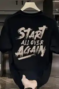 Erkek Kısa Kol Yazlık Tişört Bisiklet Yaka Baskılı Oversize T-Shirt - Siyah