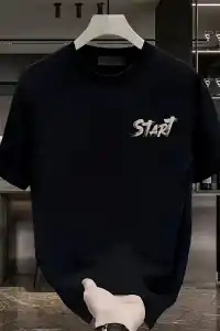 Erkek Kısa Kol Yazlık Tişört Bisiklet Yaka Baskılı Oversize T-Shirt - Siyah