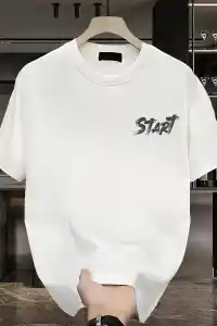 Erkek Kısa Kol Yazlık Tişört Bisiklet Yaka Baskılı Oversize T-Shirt - Beyaz