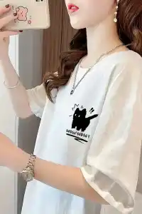 Kadın Tişört Penye Compack Tatlı Kedi Baskılı Bisiklet Yaka T-shirt - Beyaz