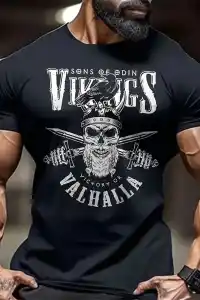 Erkek Ön ve Arka Baskılı T-Shirt Kısa Kol Bisiklet Yaka Regular Fit Tişört - Siyah