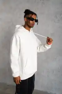 Erkek 3 İplik Pamuklu Kapüşonlu Cepli Düz Oversize Hoodie Sweatshirt - Beyaz