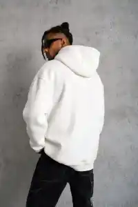Erkek 3 İplik Pamuklu Kapüşonlu Cepli Düz Oversize Hoodie Sweatshirt - Beyaz