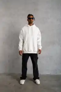 Erkek 3 İplik Pamuklu Kapüşonlu Cepli Düz Oversize Hoodie Sweatshirt - Beyaz