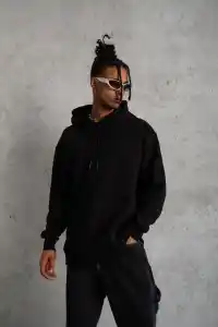 Erkek 3 İplik Pamuklu Kapüşonlu Cepli Düz Oversize Hoodie Sweatshirt - Siyah