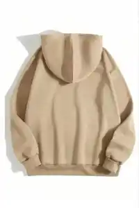 Kadın Kapüşonlu Kanguru Cepli 3 İplik Pamuklu Düz Hoodie Sweatshirt - Bej