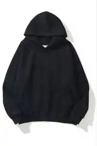 Kadın Kapüşonlu Kanguru Cepli 3 İplik Pamuklu Düz Hoodie Sweatshirt - Siyah