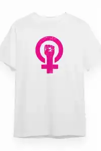 8 Mart Dünya Kadınlar Günü Baskılı Oversize Bisiklet Yaka T-shirt - Beyaz