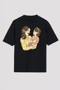 Anneler Günü Hediye Anne Kız Temalı Baskılı Oversize Bisiklet Yaka T-shirt - Siyah