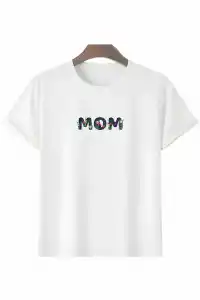 Anneler Günü Hediye Mom Çiçek Baskılı Oversize Bisiklet Yaka T-shirt - Beyaz