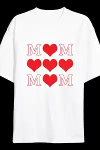 Anneler Günü Hediye MOM Kalp Baskılı Oversize Bisiklet Yaka T-shirt - Beyaz