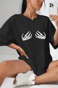 Kadın Baskılı T-Shirt Kısa Kol Bisiklet Yaka Oversize Rahat Kalıp Tişört - Siyah