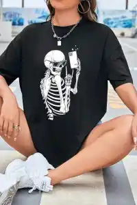 Kadın iskelet Baskılı T-Shirt Kısa Kol Bisiklet Yaka Oversize Tişört - Siyah