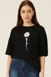 Kadın Papatya Baskılı T-Shirt Kısa Kol Bisiklet Yaka Oversize  Tişört - Siyah