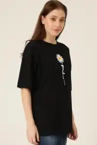 Kadın Papatya Baskılı T-Shirt Kısa Kol Bisiklet Yaka Oversize  Tişört - Siyah