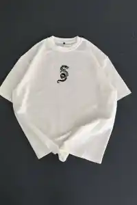 Erkek Ön ve Arka Baskılı T-Shirt Kısa Kol Bisiklet Yaka Regular Fit Tişört -  Beyaz