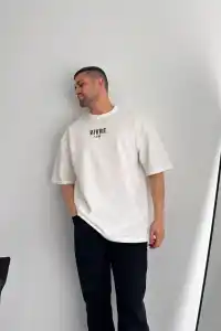 Erkek Ön ve Arka Baskılı T-Shirt Kısa Kol Bisiklet Yaka Regular Fit Tişört - Beyaz
