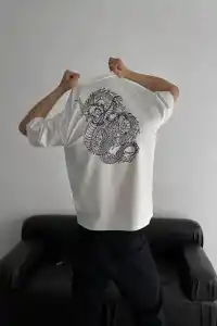 Erkek Ön ve Arka Baskılı T-Shirt Kısa Kol Bisiklet Yaka Regular Fit Tişört -  Beyaz