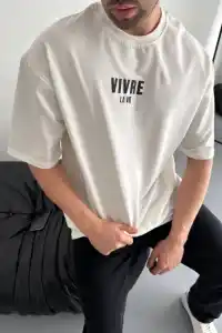 Erkek Ön ve Arka Baskılı T-Shirt Kısa Kol Bisiklet Yaka Regular Fit Tişört - Beyaz