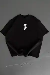 Erkek Ön ve Arka Baskılı T-Shirt Kısa Kol Bisiklet Yaka Regular Fit Tişört - Siyah