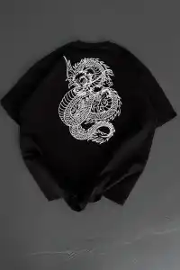 Erkek Ön ve Arka Baskılı T-Shirt Kısa Kol Bisiklet Yaka Regular Fit Tişört - Siyah