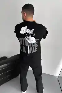 Erkek Ön ve Arka Baskılı T-Shirt Kısa Kol Bisiklet Yaka Regular Fit Tişört -  Siyah