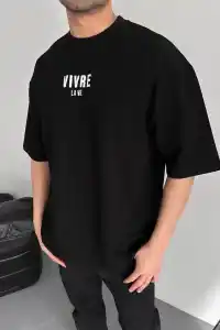 Erkek Ön ve Arka Baskılı T-Shirt Kısa Kol Bisiklet Yaka Regular Fit Tişört -  Siyah