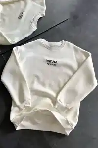 Kadın Bisiklet Yaka 3 İplik Baskılı Oversize SweatShirt - Beyaz