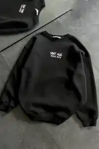 Kadın Bisiklet Yaka 3 İplik pamuklu Baskılı Oversize SweatShirt - Siyah