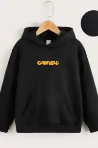 Çocuk Unisex Kapüşonlu Ön ve Arka Garfield Baskılı Sweatshirt - Siyah