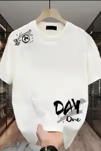 Kadın Kısa Kol Yazlık Tişört Bisiklet Yaka Baskılı Oversize T-Shirt - Beyaz