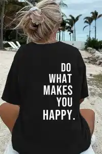 Kadın Kısa Kol Yazlık Tişört Bisiklet Yaka Baskılı Oversize T-Shirt - Siyah