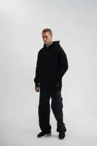 Erkek 3 İplik Pamuklu Oversize Kapüşonlu Nakışlı Hoodie SweatShirt - Siyah