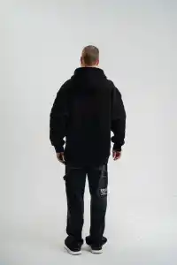 Erkek 3 İplik Pamuklu Oversize Kapüşonlu Nakışlı Hoodie SweatShirt - Siyah