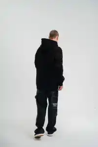 Erkek 3 İplik Pamuklu Oversize Kapüşonlu Nakışlı Hoodie SweatShirt - Siyah