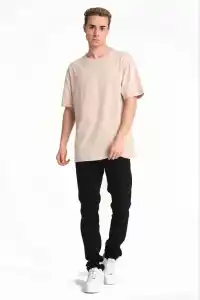 Erkek Düz Penye Tişört Bisiklet Yaka Kısa Kol Regular Fit T-Shirt - Bej