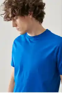 Erkek Düz Penye Tişört Bisiklet Yaka Kısa Kol Regular Fit T-Shirt - Mavi
