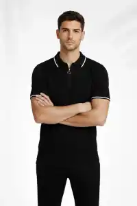 Erkek Triko Tişört Fermuarlı Polo Yakal Yazlık Kısa Kol T-Shirt 2’li Set Bej-Siyah