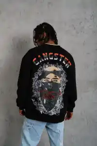 Erkek 3 İplik Pamuklu Bisiklet Yaka Gangster Baskılı Sweatshirt - Siyah