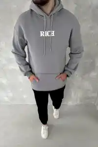 Erkek 3 İplik Pamuklu Kapüşonlu Kanguru Cepli Baskılı Oversize Hoodie Sweatshirt - Gri