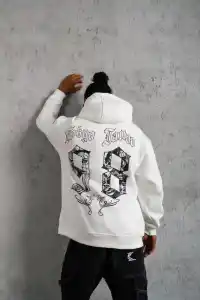Erkek 98 Baskılı Kapşonlu 3 iplik pamuklu Sweatshirt hoodie - Beyaz