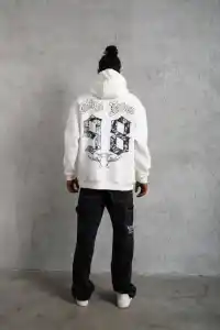 Erkek 98 Baskılı Kapşonlu 3 iplik pamuklu Sweatshirt hoodie - Beyaz