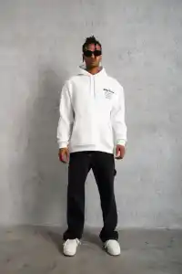 Erkek 98 Baskılı Kapşonlu 3 iplik pamuklu Sweatshirt hoodie - Beyaz