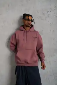 Erkek 3 İplik Pamuklu Kapüşonlu Baskılı Cepli Sweatshirt Hoodie - Gül Kurusu