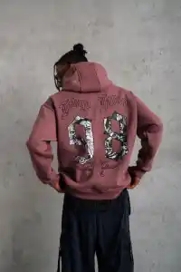 Erkek 3 İplik Pamuklu Kapüşonlu Baskılı Cepli Sweatshirt Hoodie - Gül Kurusu