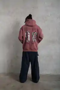 Erkek 3 İplik Pamuklu Kapüşonlu Baskılı Cepli Sweatshirt Hoodie - Gül Kurusu