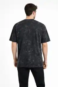 Erkek Asit Yıkama Bisiklet Yaka Kısa Kollu Oversize T-Shirt Tişört - Siyah